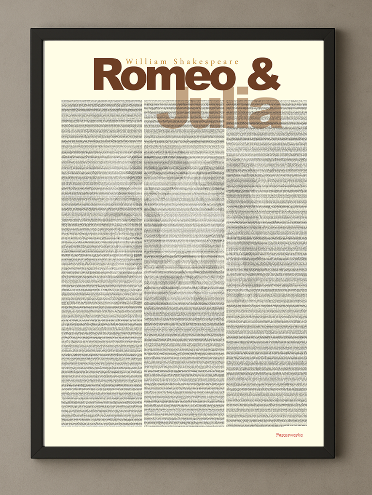 Poster, Format 50x70 cm. Motiv: kompletter Text von Romeo und Julia, von Shakespeare. Ansprechend gestaltet